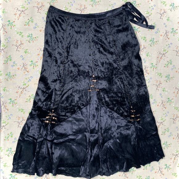 VTG 90s Velvet Pleated Beaded Midi Skirt Black Size M Witchy Grunge Whimsigoth - Picture 1 of 6